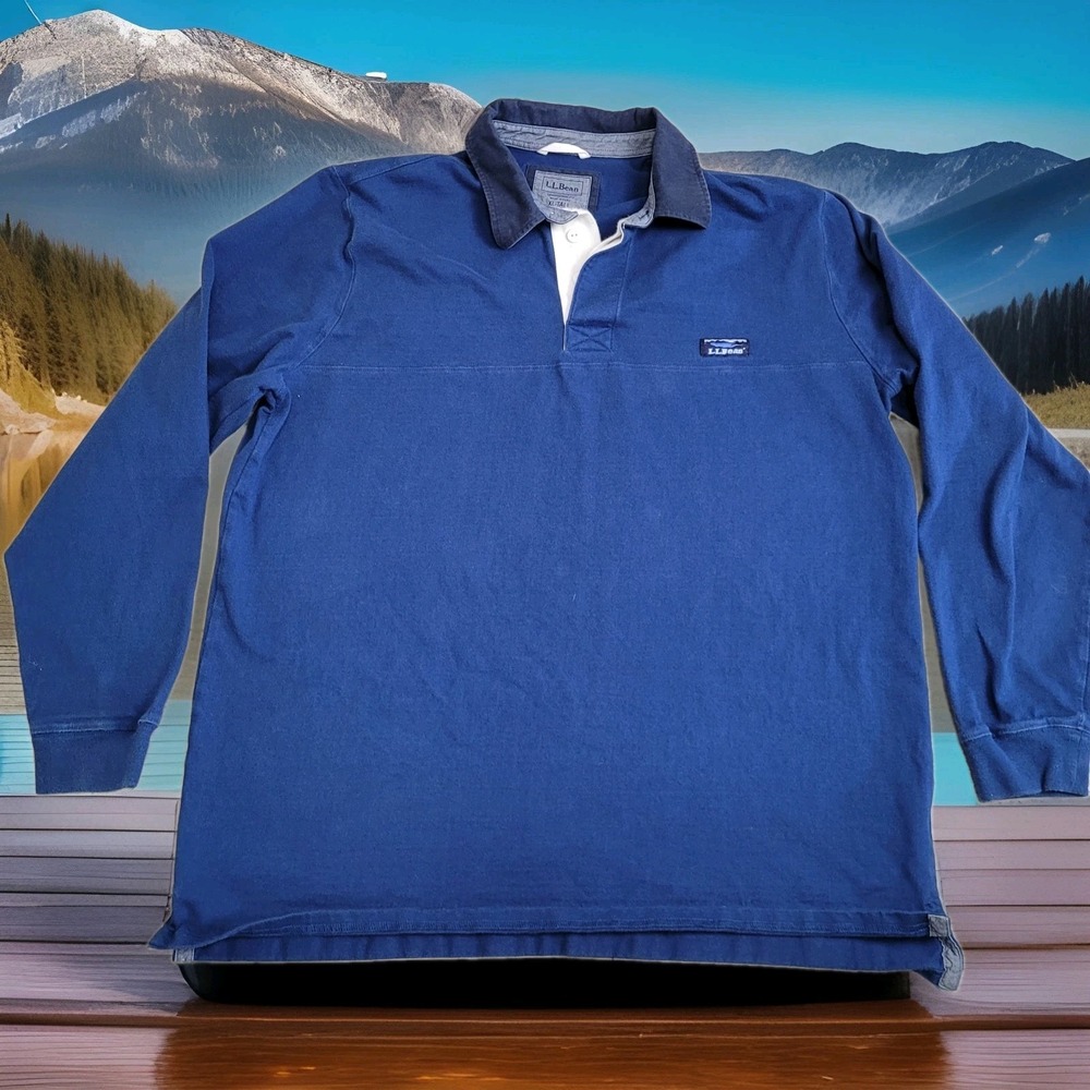 🏉L.L. Bean Rugby Shirt Men XL Tall Blue Heavyweight Peruvian Cotton Long Sleeve